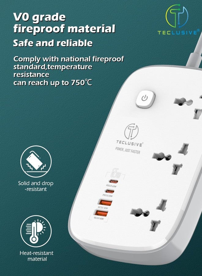 T Teclusive Power Strip Extension Board with Type C 65w Gan Fast Charging USB Ports | 3250W 3 Power Sockets 65w USB C PD QC | Multi Port Extension Surge Protector | 2M Power Cord - Image 4